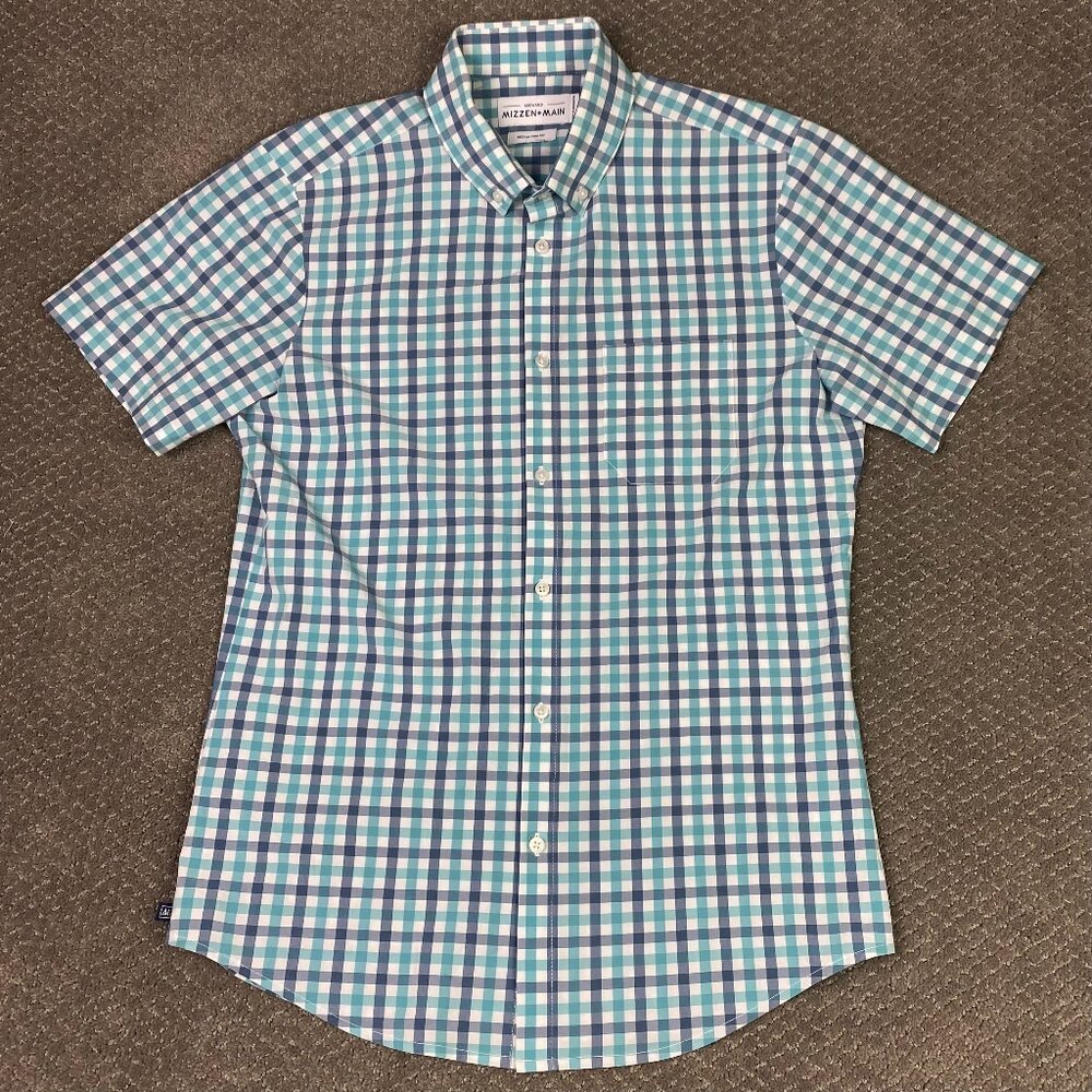 Mizzen + Main Shirt Men's Medium Trim Fit Blue Turquoise Leeward Short Sleeve